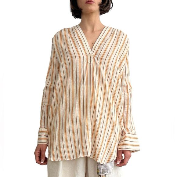 Helmut Lang Striped V-Neck Tunic Blouse Orange Brown White Cotton Blend Size S - Picture 1 of 11
